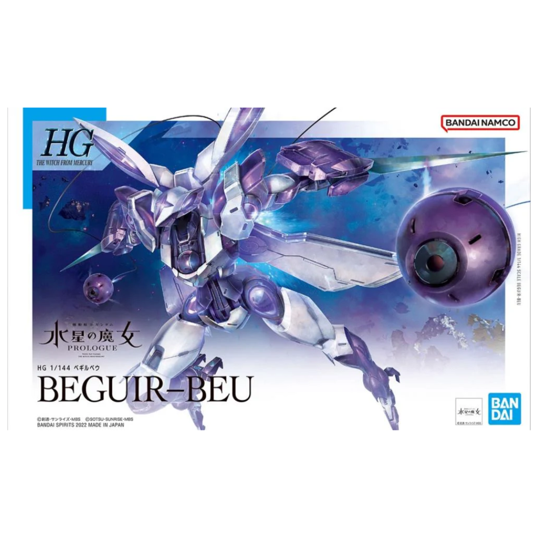 Bandai HG Beguir-Beu model kit from Gundam: The Witch from Mercury featuring beam rifle, blade bits, and sleek futuristic design