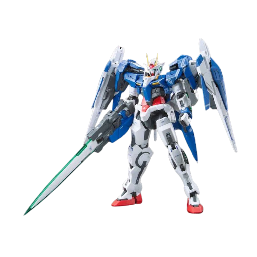 Bandai RG 00 Raiser model kit from Gundam 00 featuring detailed articulation, GN Sword III, GN Drives, and premium mechanical design