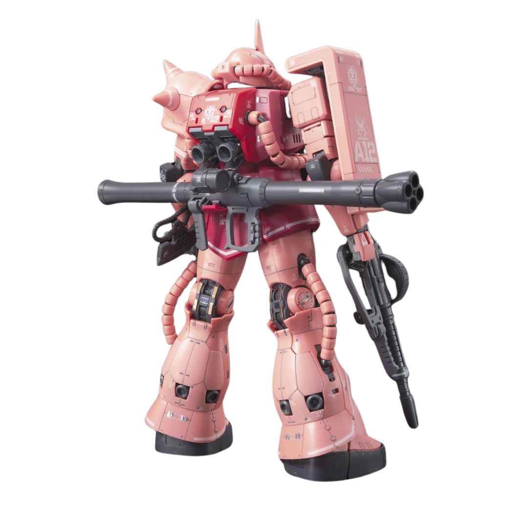 Bandai RG 1/144 MS-06S Zaku II Char Aznable's Custom – premium Real Grade Gundam model kit with detailed articulation and signature red color scheme.