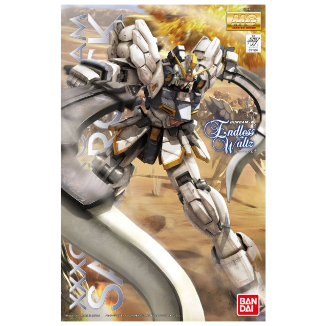 Bandai MG Gundam Sandrock EW Ver. model kit with Heat Shotels, posable frame, detailed armor, and cloak parts from Gundam Wing: Endless Waltz.