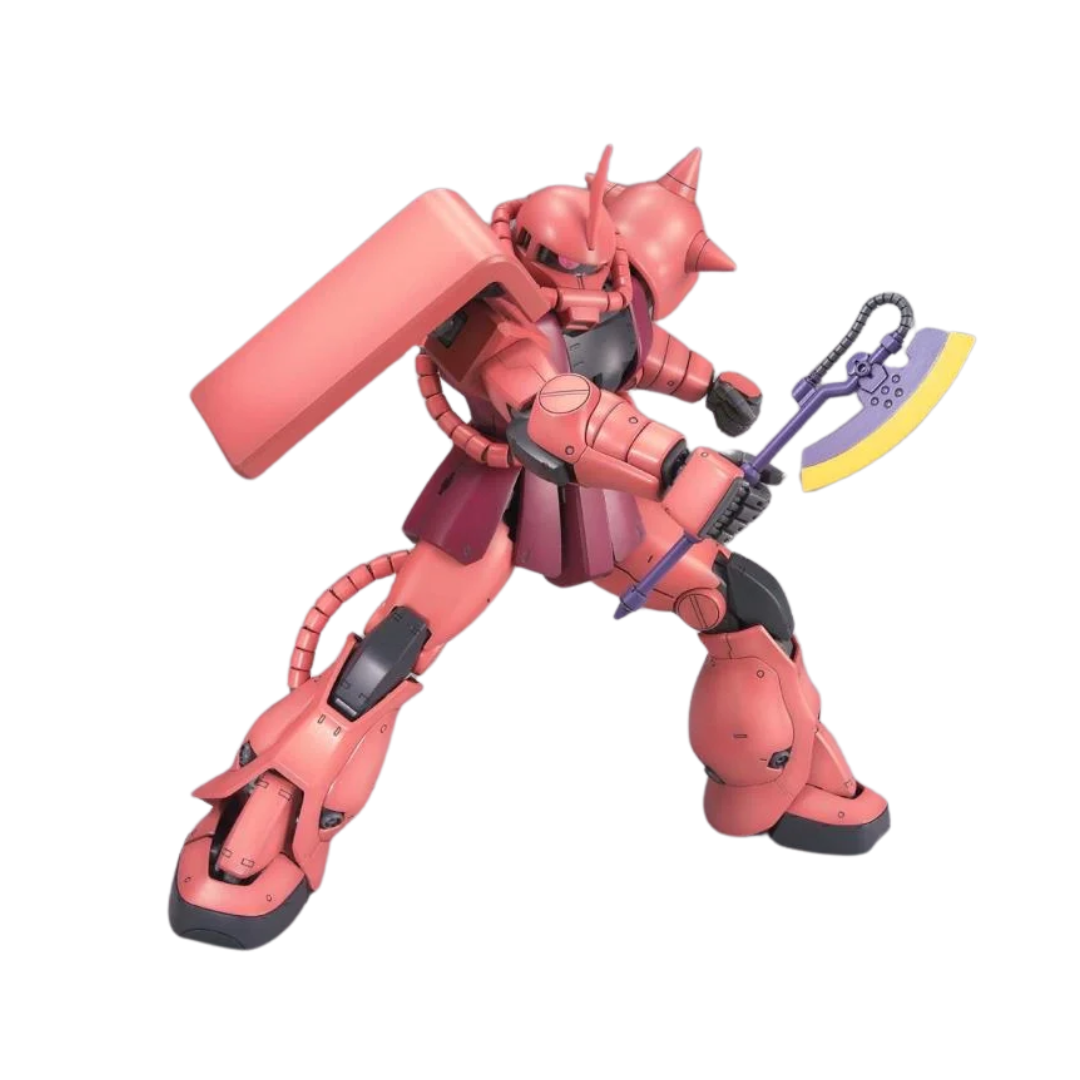 Bandai MG Char's Zaku II Ver. 2.0 model kit, detailed Mobile Suit Gundam Zaku, red color scheme, accessories like heat hawk and machine gun, perfect for collectors