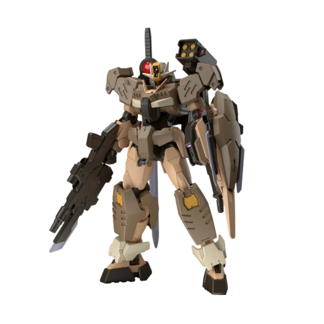 Bandai HG Gundam 00 Command Qan[T] Desert Type model kit with heavy armor, missile launchers, and rugged desert camouflage from Gundam Build Metaverse.