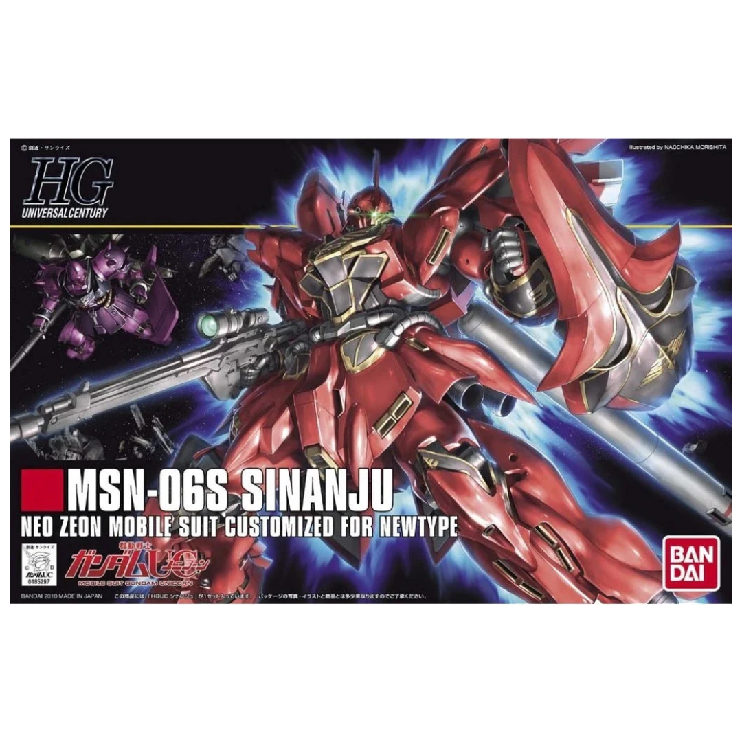 Bandai HG MSN-06S Sinanju model kit from Mobile Suit Gundam Unicorn, featuring red armor, gold details, and full articulation for action poses.