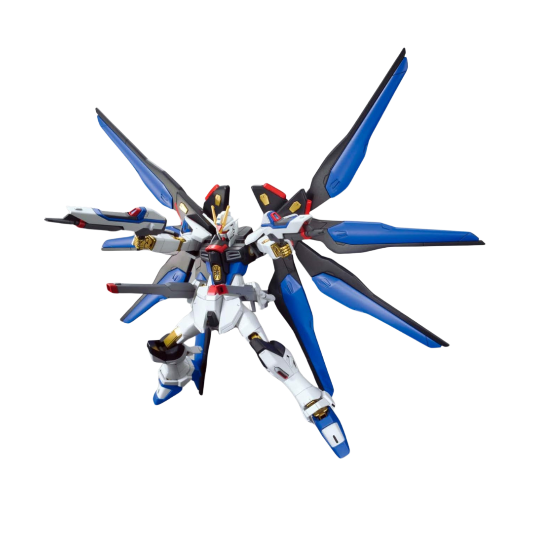 Bandai HG ZGMF-X20A Strike Freedom Gundam model kit from Gundam SEED Destiny, detailed articulation, iconic blue and gold color scheme, includes display stand and accessories