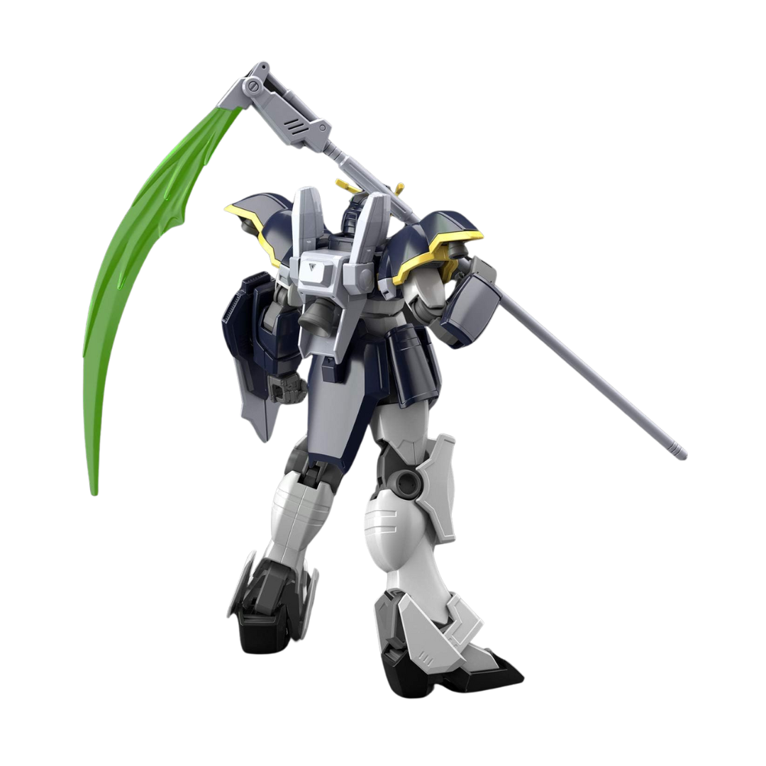 Bandai HG Gundam Deathscythe model kit from Mobile Suit Gundam Wing, featuring beam scythe, Buster Shield, and dynamic articulation