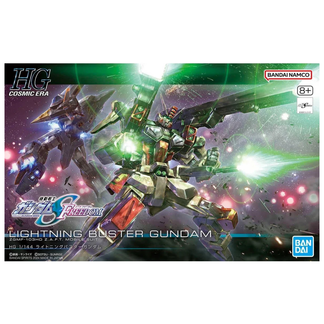 Bandai HG Lightning Buster Gundam model kit from Gundam SEED Freedom, dynamic articulation, blue and red color scheme, includes beam rifle, shield, and accessories.
