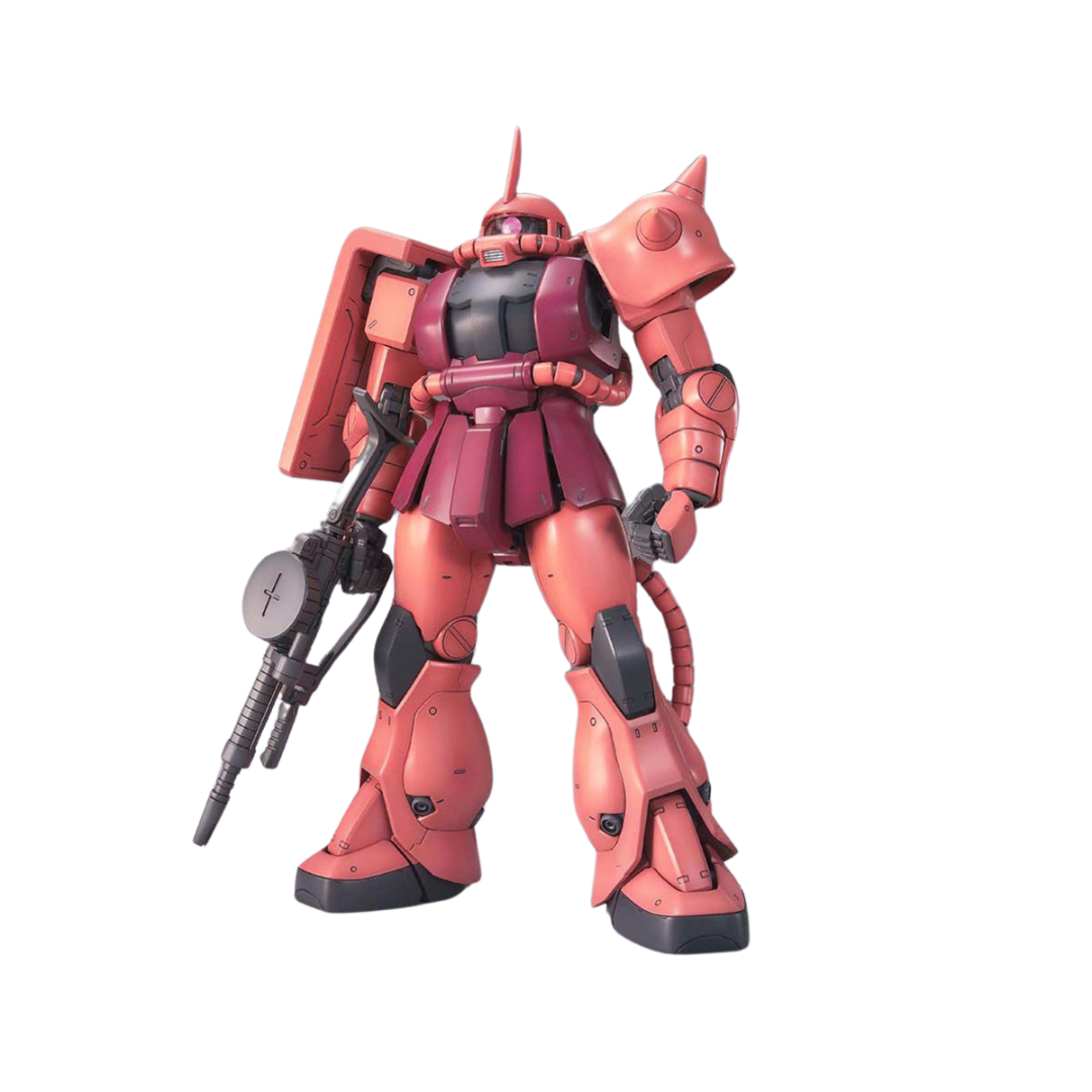Bandai MG Char's Zaku II Ver. 2.0 model kit, detailed Mobile Suit Gundam Zaku, red color scheme, accessories like heat hawk and machine gun, perfect for collectors