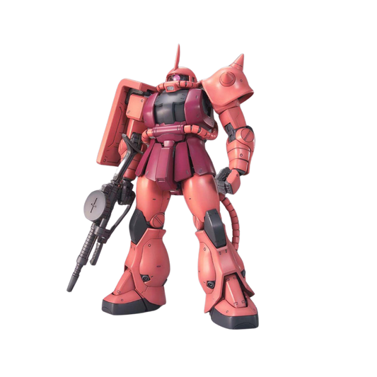 Bandai MG Char's Zaku II Ver. 2.0 model kit, detailed Mobile Suit Gundam Zaku, red color scheme, accessories like heat hawk and machine gun, perfect for collectors