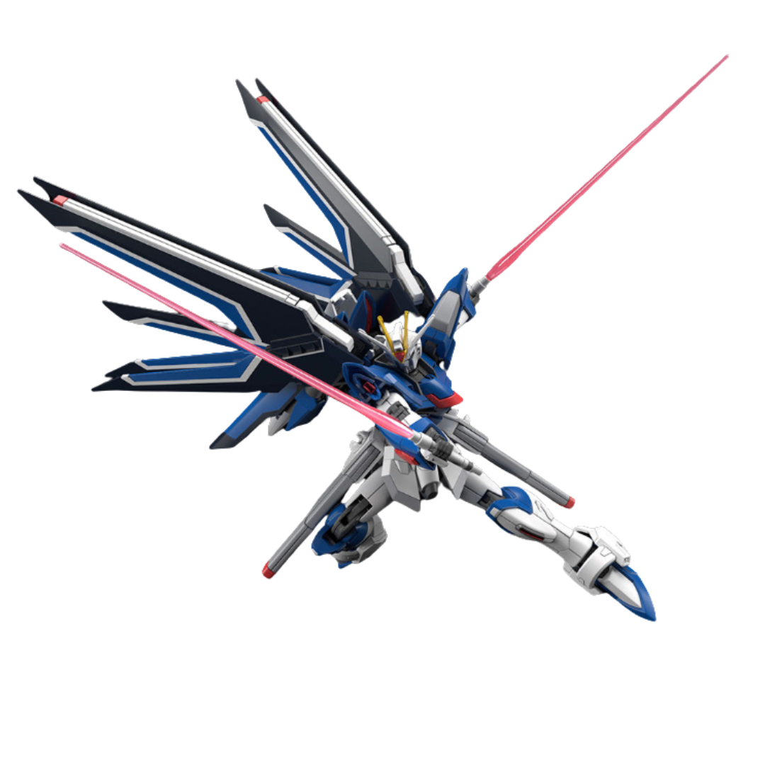 Bandai HG Rising Freedom Gundam model kit from Gundam SEED Freedom, featuring high articulation, beam rifle, and signature shield.