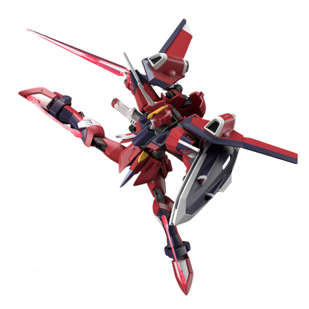 Bandai HG Immortal Justice Gundam model kit from Gundam SEED Freedom, featuring beam rifle, beam sabers, shield, and high articulation.