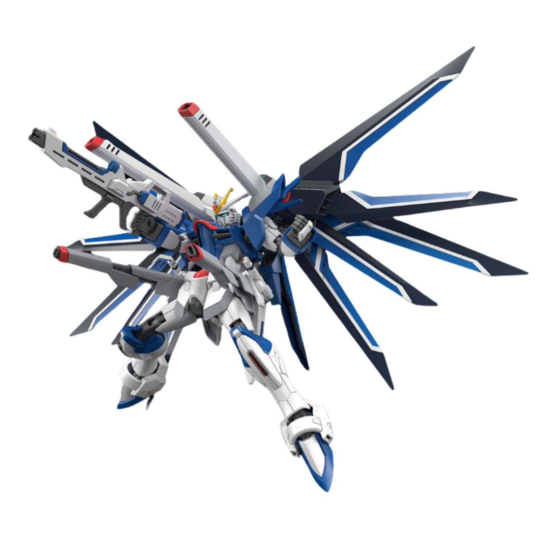 Bandai HG Rising Freedom Gundam model kit from Gundam SEED Freedom, featuring high articulation, beam rifle, and signature shield.