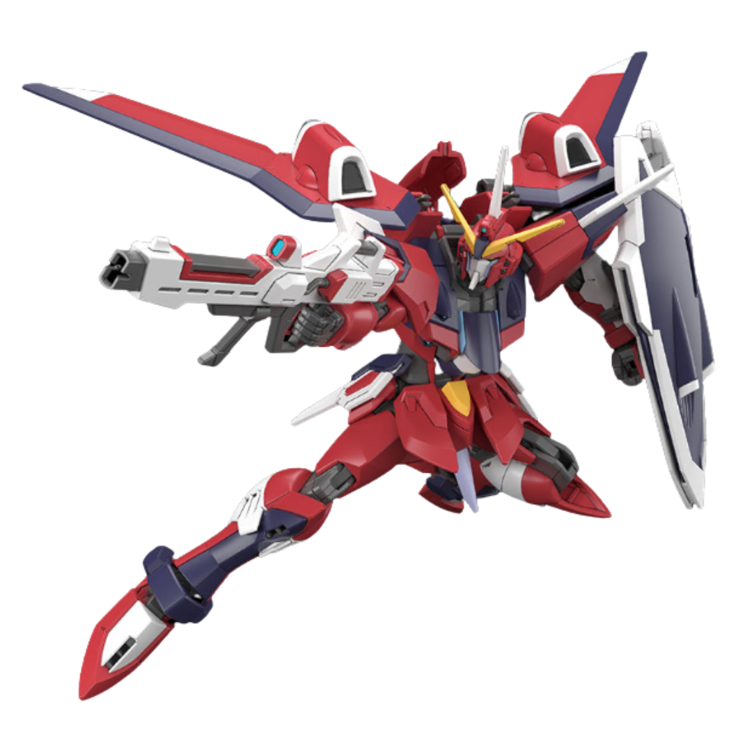 Bandai HG Immortal Justice Gundam model kit from Gundam SEED Freedom, featuring beam rifle, beam sabers, shield, and high articulation.