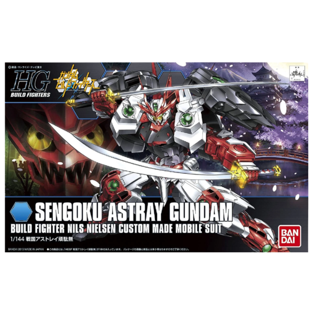 Bandai HG Sengoku Astray Gundam model kit from Gundam Build Fighters, featuring samurai-inspired design, katana, and dynamic articulation.