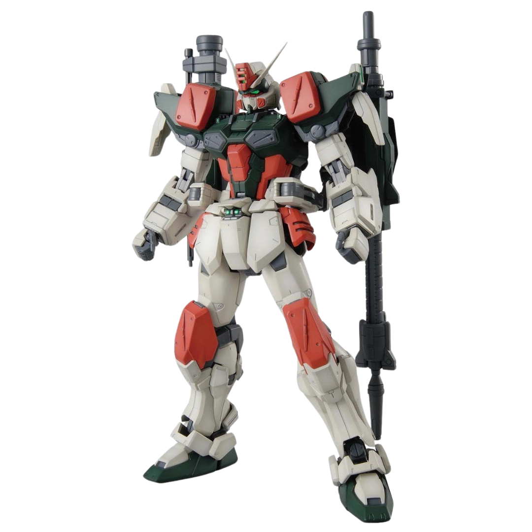 Bandai MG Buster Gundam model kit from Gundam SEED featuring heavy artillery, fully articulated frame, and signature long-range weapon system.