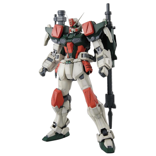 Bandai MG Buster Gundam model kit from Gundam SEED featuring heavy artillery, fully articulated frame, and signature long-range weapon system.