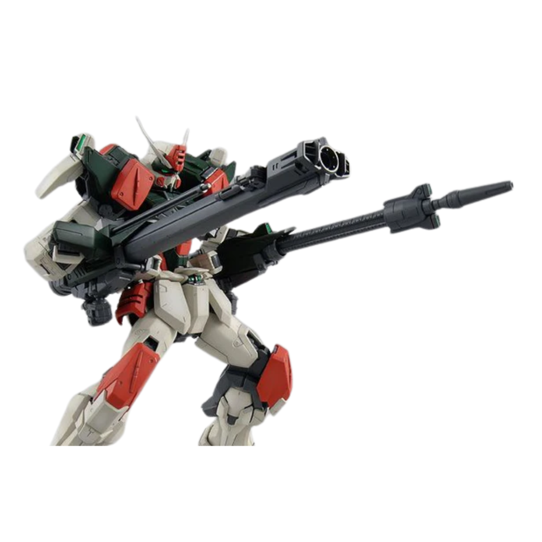 Bandai MG Buster Gundam model kit from Gundam SEED featuring heavy artillery, fully articulated frame, and signature long-range weapon system.