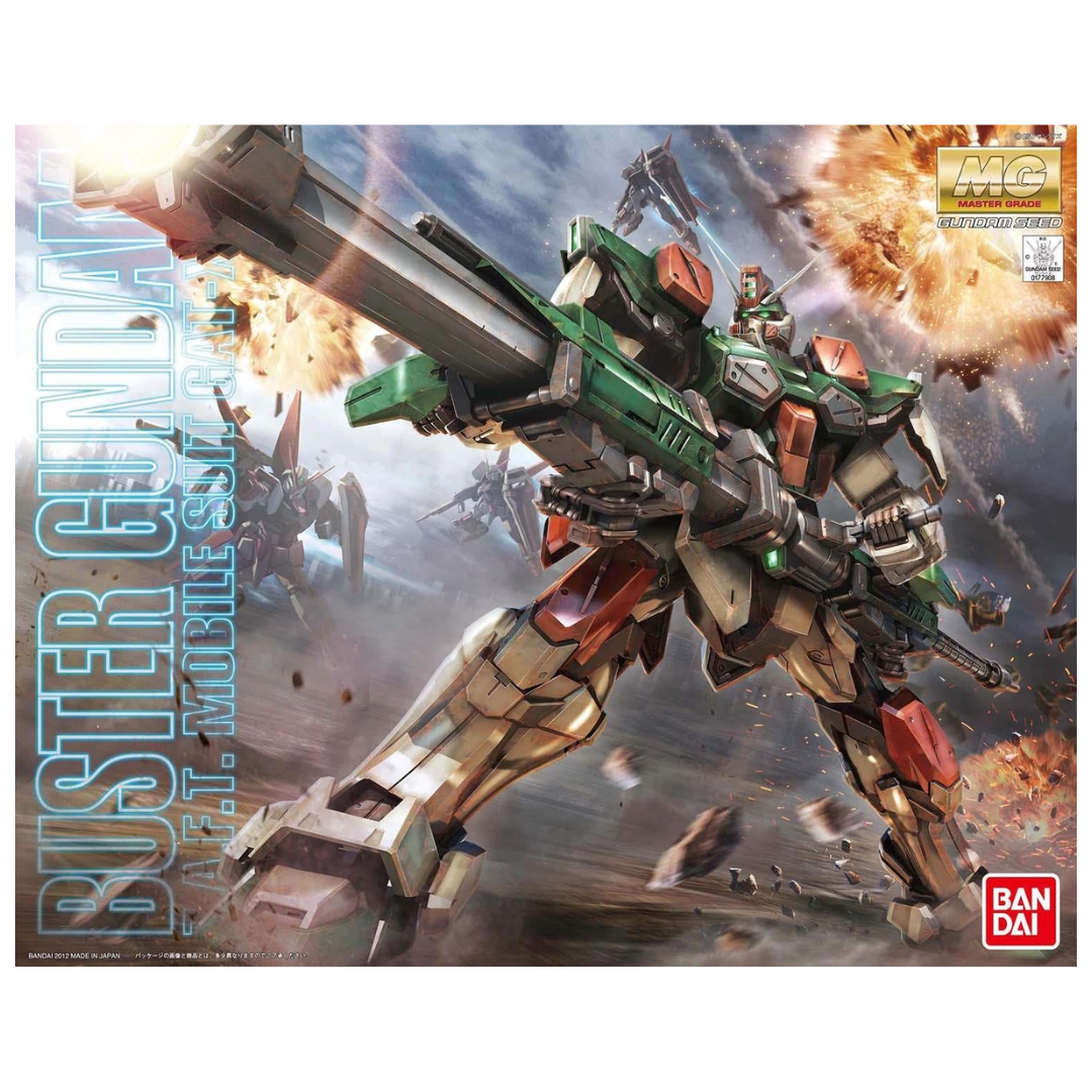 Bandai MG Buster Gundam model kit from Gundam SEED featuring heavy artillery, fully articulated frame, and signature long-range weapon system.