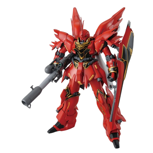 Bandai MG Sinanju (Animation Color) Gundam UC model kit with animation-accurate red and gold color scheme, detailed armor, and full articulation.