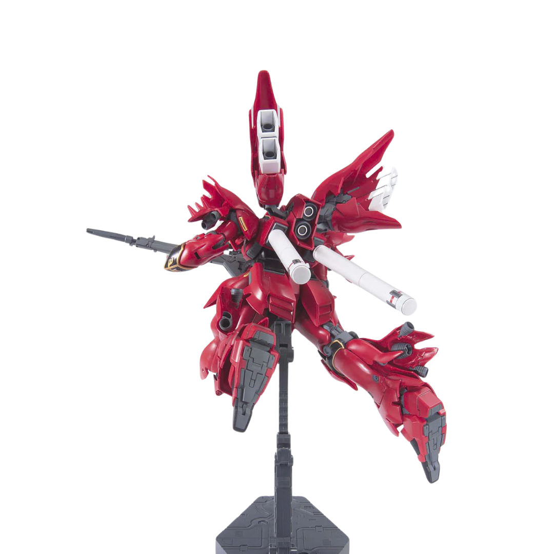 Bandai HG MSN-06S Sinanju model kit from Mobile Suit Gundam Unicorn, featuring red armor, gold details, and full articulation for action poses.