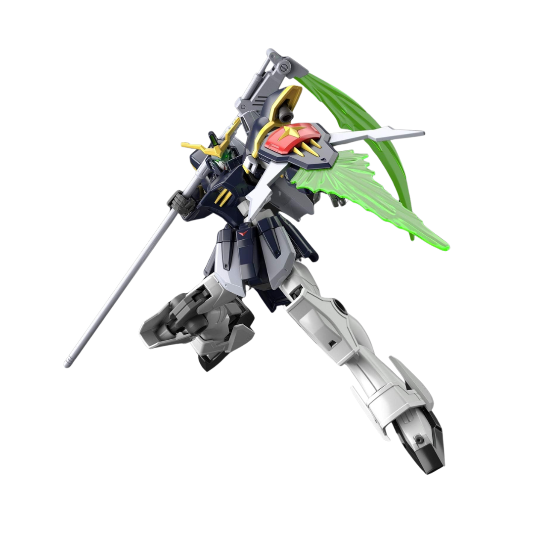Bandai HG Gundam Deathscythe model kit from Mobile Suit Gundam Wing, featuring beam scythe, Buster Shield, and dynamic articulation
