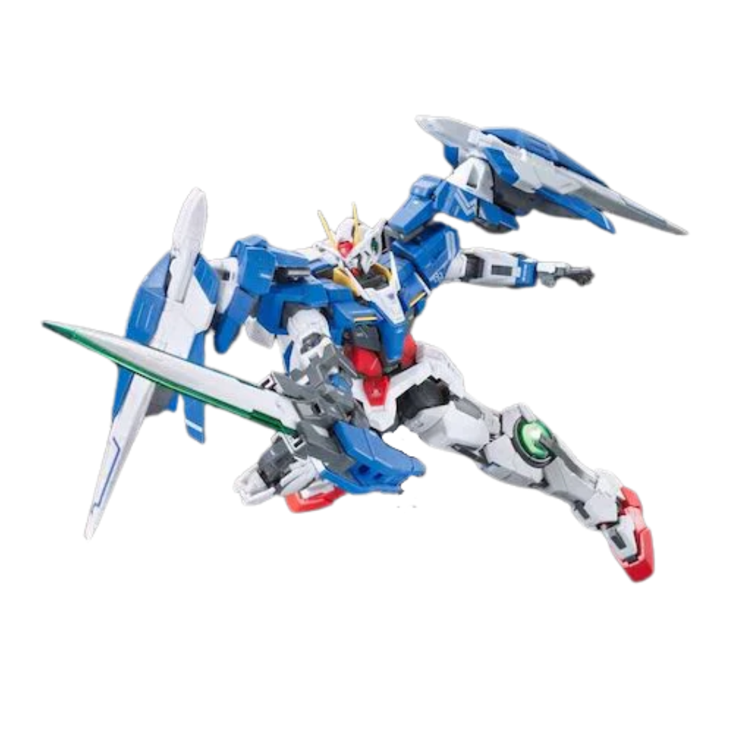 Bandai RG 00 Raiser model kit from Gundam 00 featuring detailed articulation, GN Sword III, GN Drives, and premium mechanical design