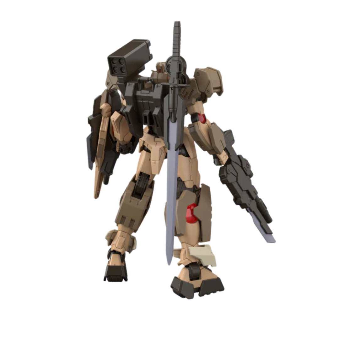 Bandai HG Gundam 00 Command Qan[T] Desert Type model kit with heavy armor, missile launchers, and rugged desert camouflage from Gundam Build Metaverse.