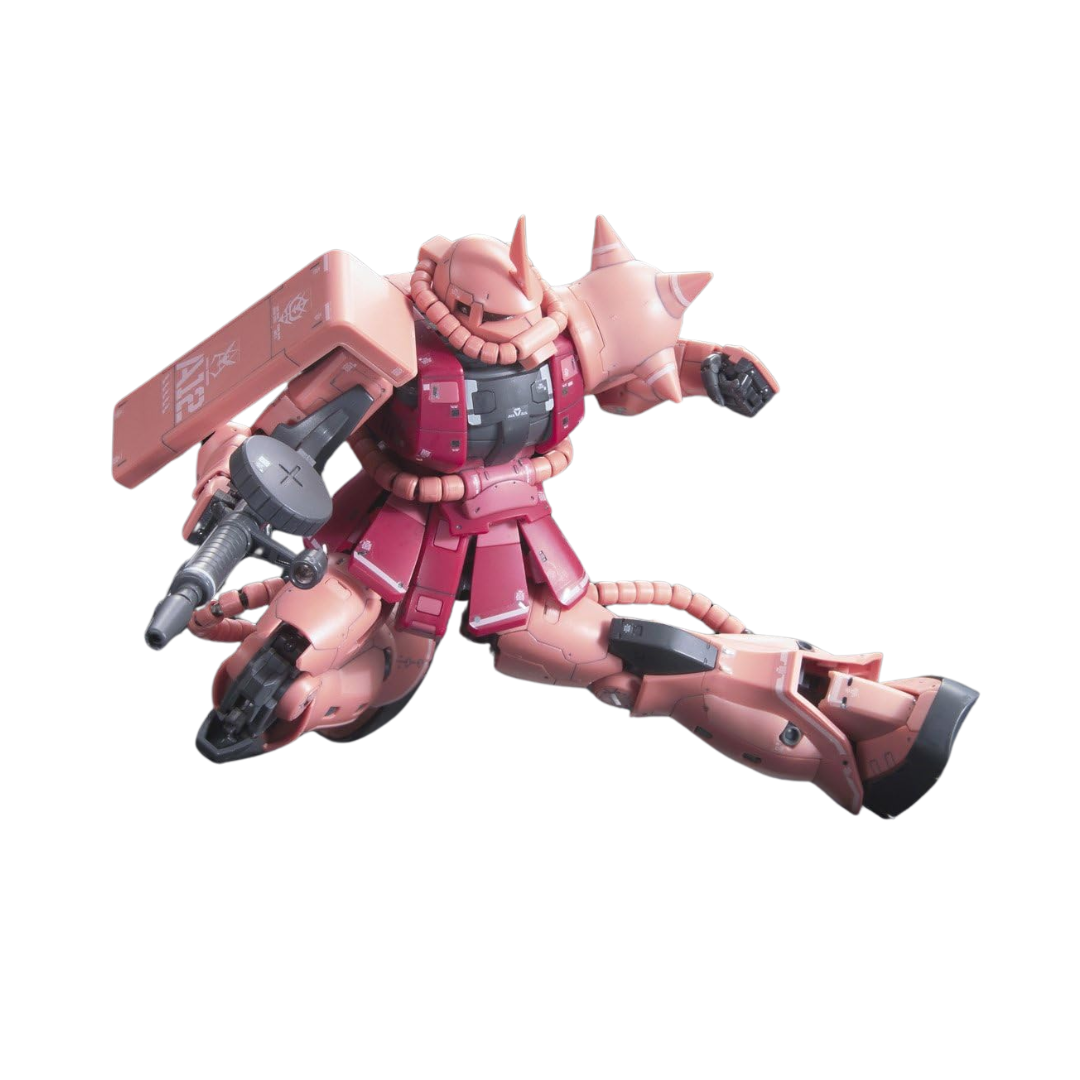 Bandai RG 1/144 MS-06S Zaku II Char Aznable's Custom – premium Real Grade Gundam model kit with detailed articulation and signature red color scheme.