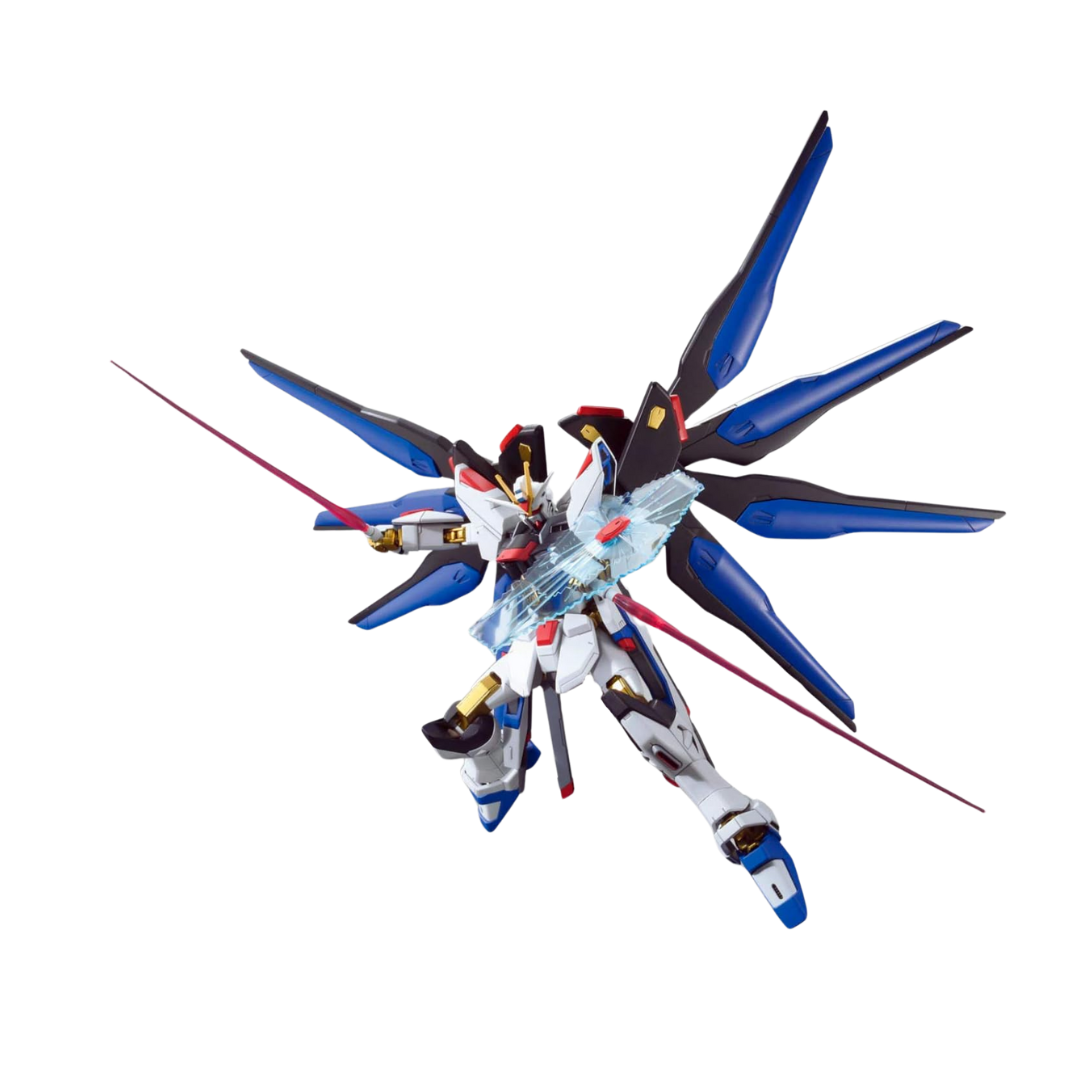 Bandai HG ZGMF-X20A Strike Freedom Gundam model kit from Gundam SEED Destiny, detailed articulation, iconic blue and gold color scheme, includes display stand and accessories