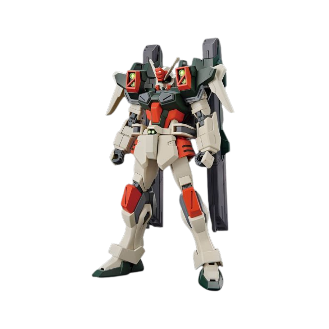 Bandai HG Lightning Buster Gundam model kit from Gundam SEED Freedom, dynamic articulation, blue and red color scheme, includes beam rifle, shield, and accessories.