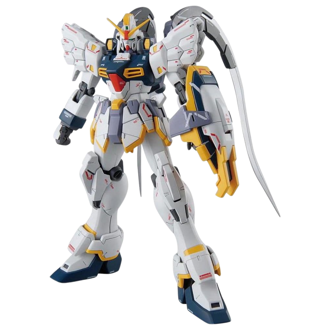 Bandai MG Gundam Sandrock EW Ver. model kit with Heat Shotels, posable frame, detailed armor, and cloak parts from Gundam Wing: Endless Waltz.