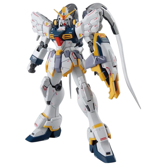 Bandai MG Gundam Sandrock EW Ver. model kit with Heat Shotels, posable frame, detailed armor, and cloak parts from Gundam Wing: Endless Waltz.