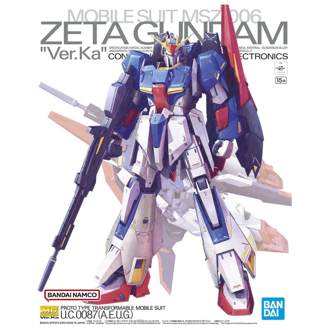 Bandai MG Zeta Gundam Ver. Ka model kit featuring transformable Wave Rider mode, articulated frame, and signature beam rifle from Mobile Suit Zeta Gundam.