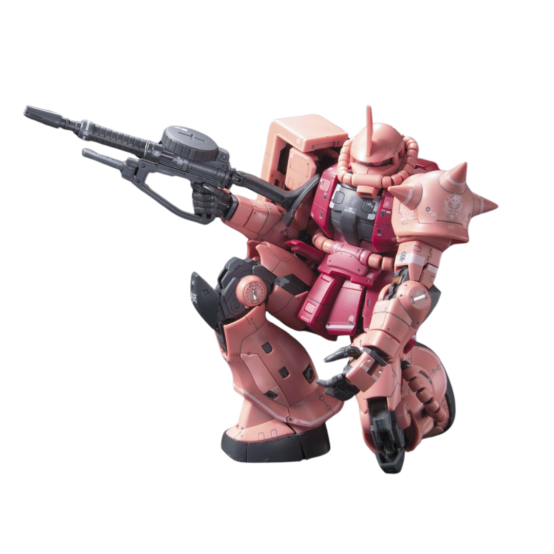 Bandai RG 1/144 MS-06S Zaku II Char Aznable's Custom – premium Real Grade Gundam model kit with detailed articulation and signature red color scheme.