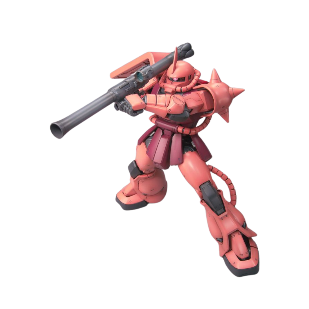 Bandai MG Char's Zaku II Ver. 2.0 model kit, detailed Mobile Suit Gundam Zaku, red color scheme, accessories like heat hawk and machine gun, perfect for collectors