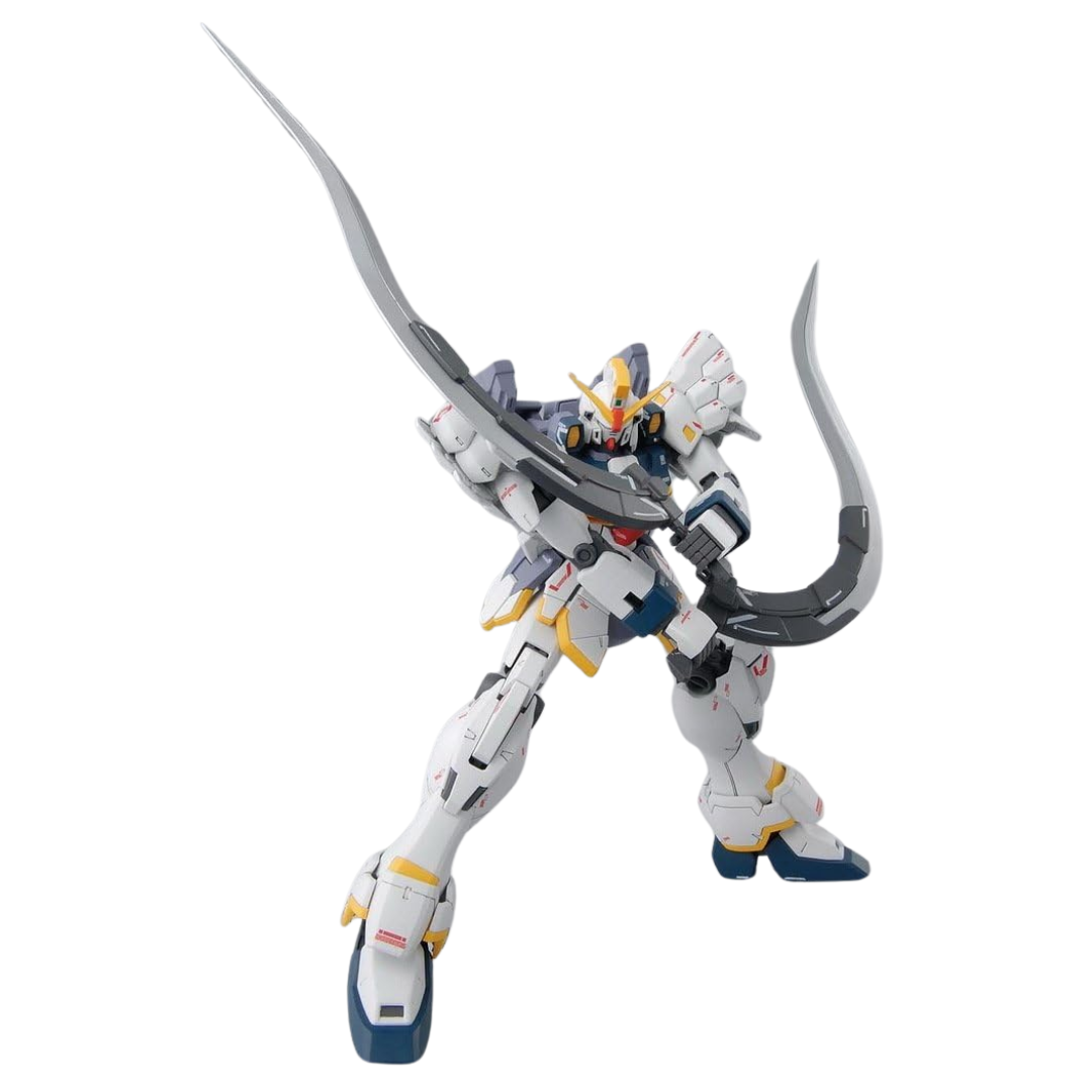 Bandai MG Gundam Sandrock EW Ver. model kit with Heat Shotels, posable frame, detailed armor, and cloak parts from Gundam Wing: Endless Waltz.