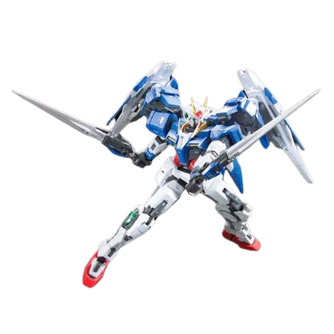 Bandai RG 00 Raiser model kit from Gundam 00 featuring detailed articulation, GN Sword III, GN Drives, and premium mechanical design