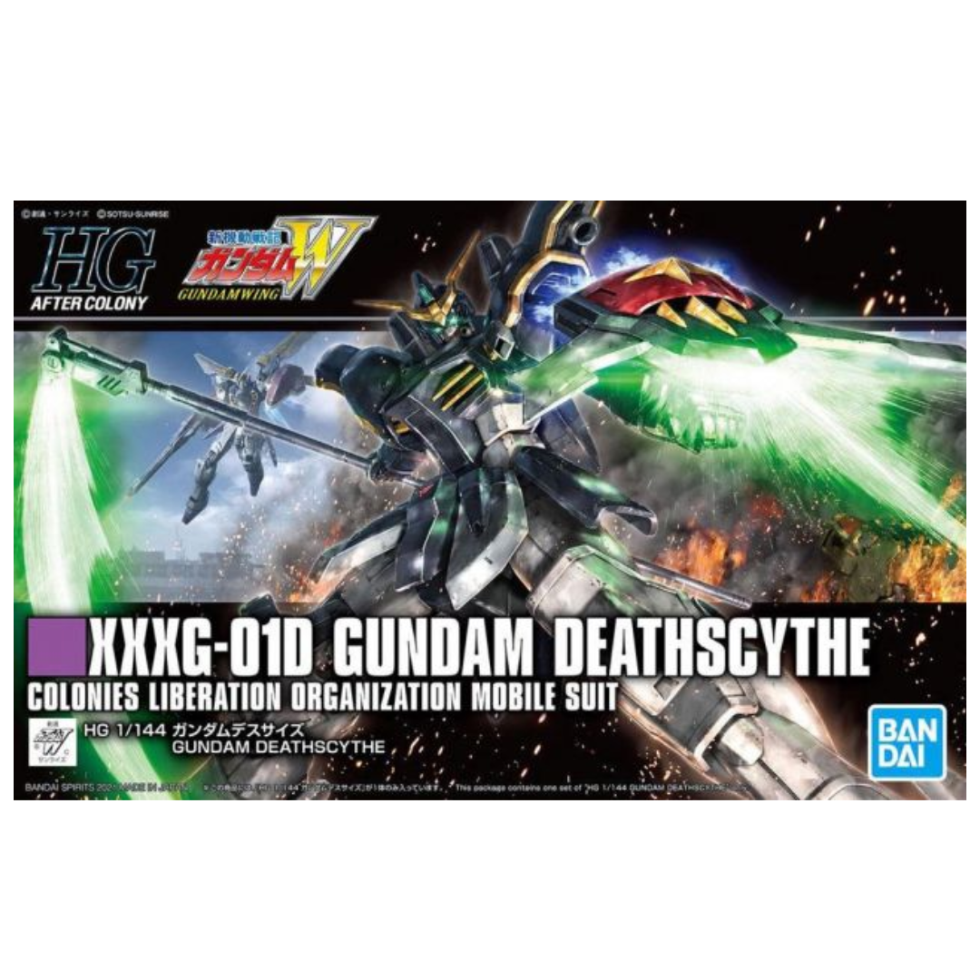 Bandai HG Gundam Deathscythe model kit from Mobile Suit Gundam Wing, featuring beam scythe, Buster Shield, and dynamic articulation
