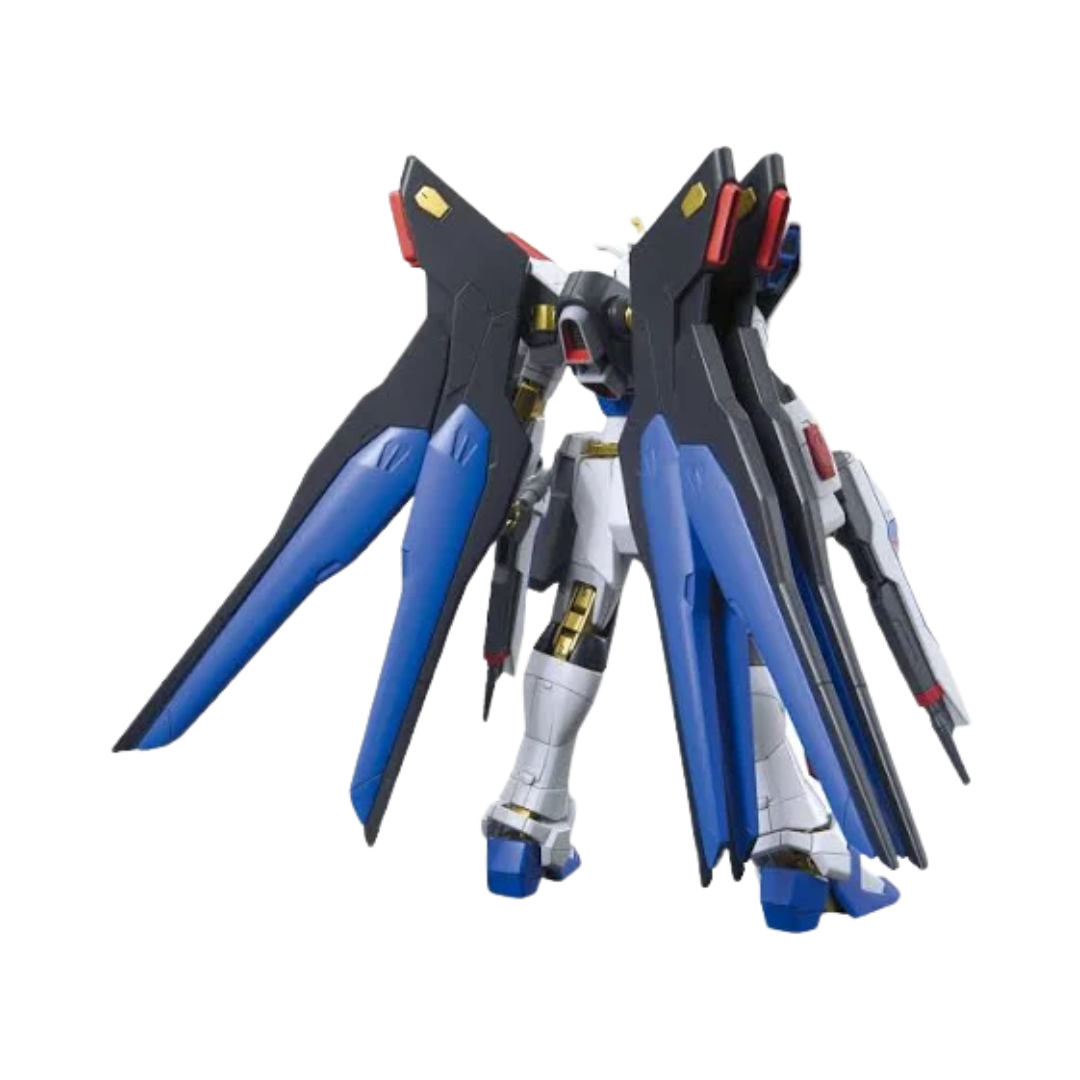 Bandai HG ZGMF-X20A Strike Freedom Gundam model kit from Gundam SEED Destiny, detailed articulation, iconic blue and gold color scheme, includes display stand and accessories