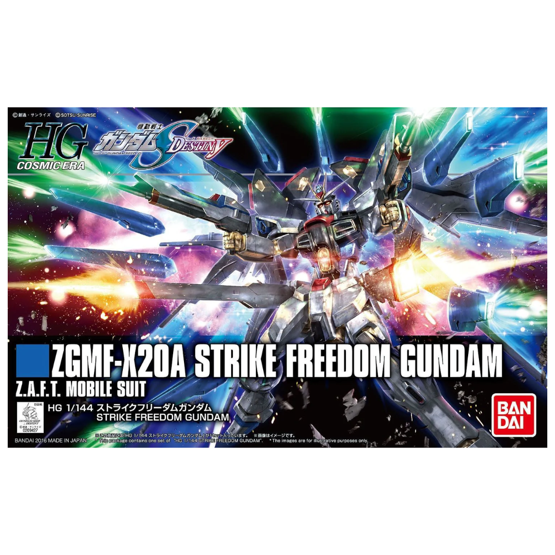 Bandai HG ZGMF-X20A Strike Freedom Gundam model kit from Gundam SEED Destiny, detailed articulation, iconic blue and gold color scheme, includes display stand and accessories