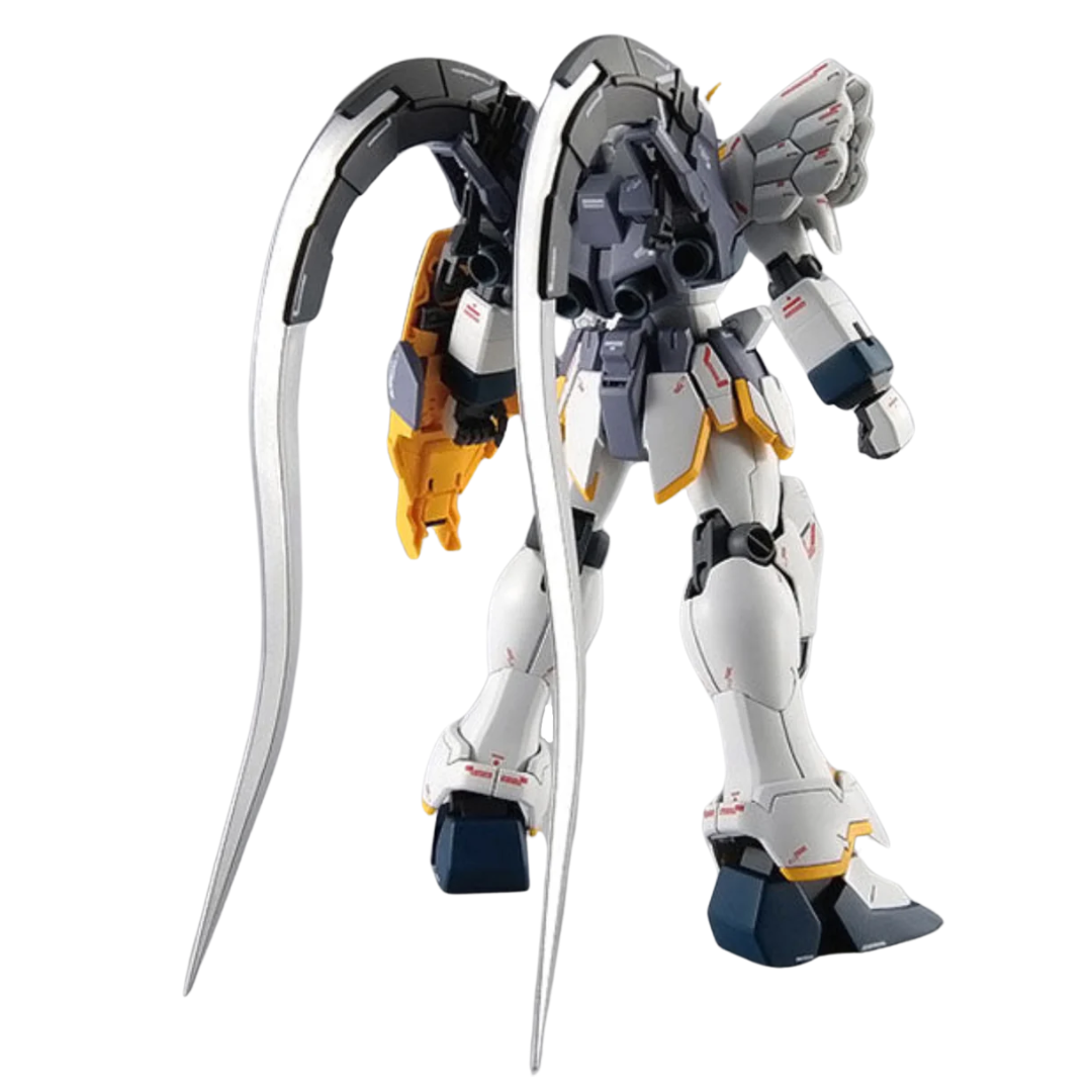 Bandai MG Gundam Sandrock EW Ver. model kit with Heat Shotels, posable frame, detailed armor, and cloak parts from Gundam Wing: Endless Waltz.