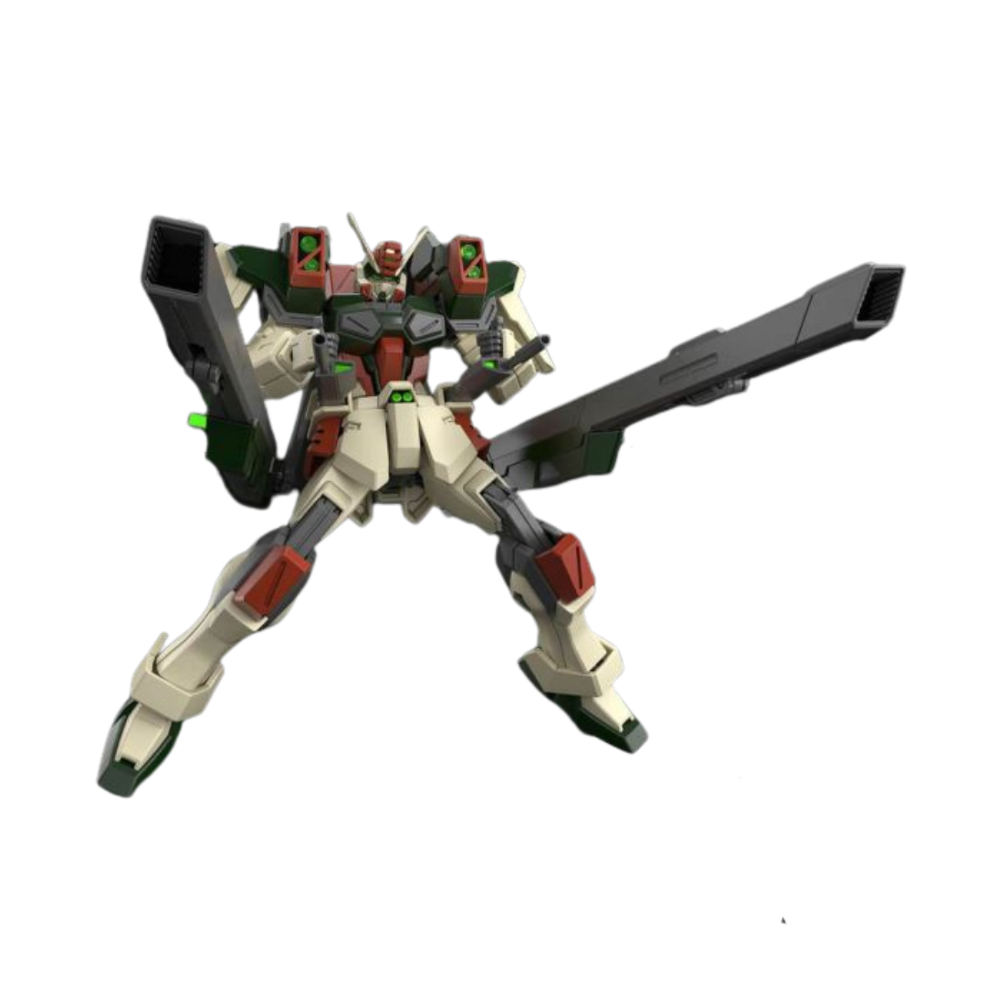 Bandai HG Lightning Buster Gundam model kit from Gundam SEED Freedom, dynamic articulation, blue and red color scheme, includes beam rifle, shield, and accessories.
