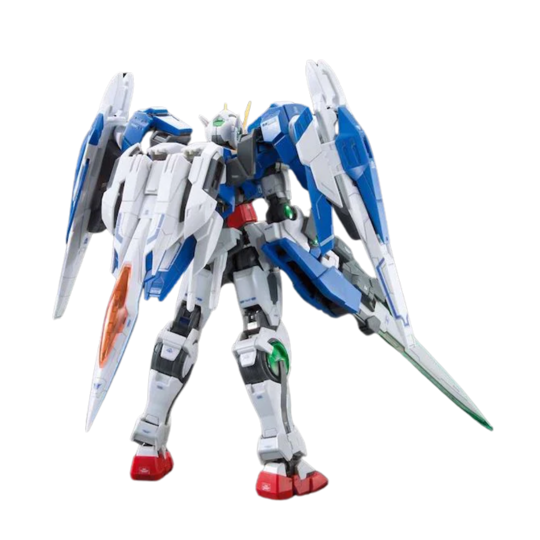 Bandai RG 00 Raiser model kit from Gundam 00 featuring detailed articulation, GN Sword III, GN Drives, and premium mechanical design