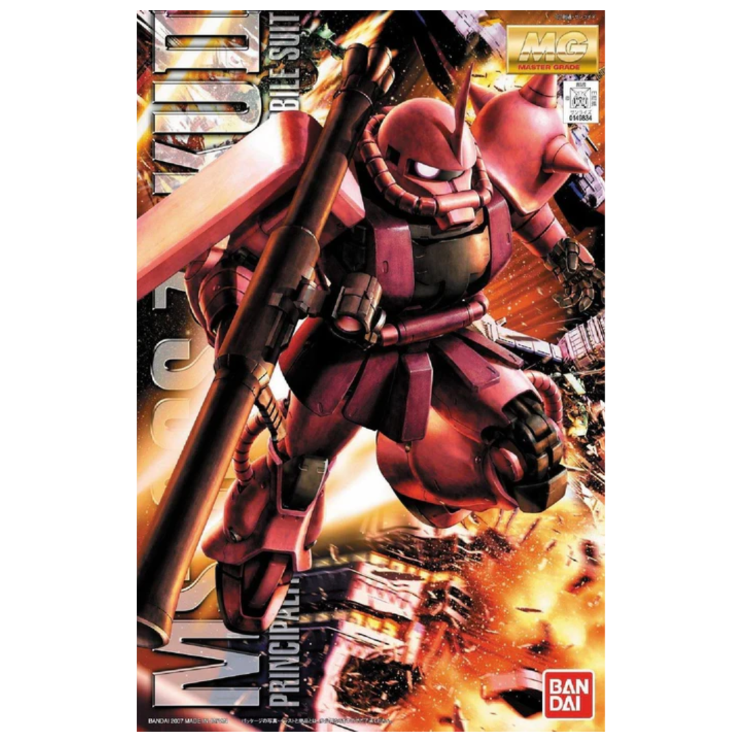 Bandai MG Char's Zaku II Ver. 2.0 model kit, detailed Mobile Suit Gundam Zaku, red color scheme, accessories like heat hawk and machine gun, perfect for collectors
