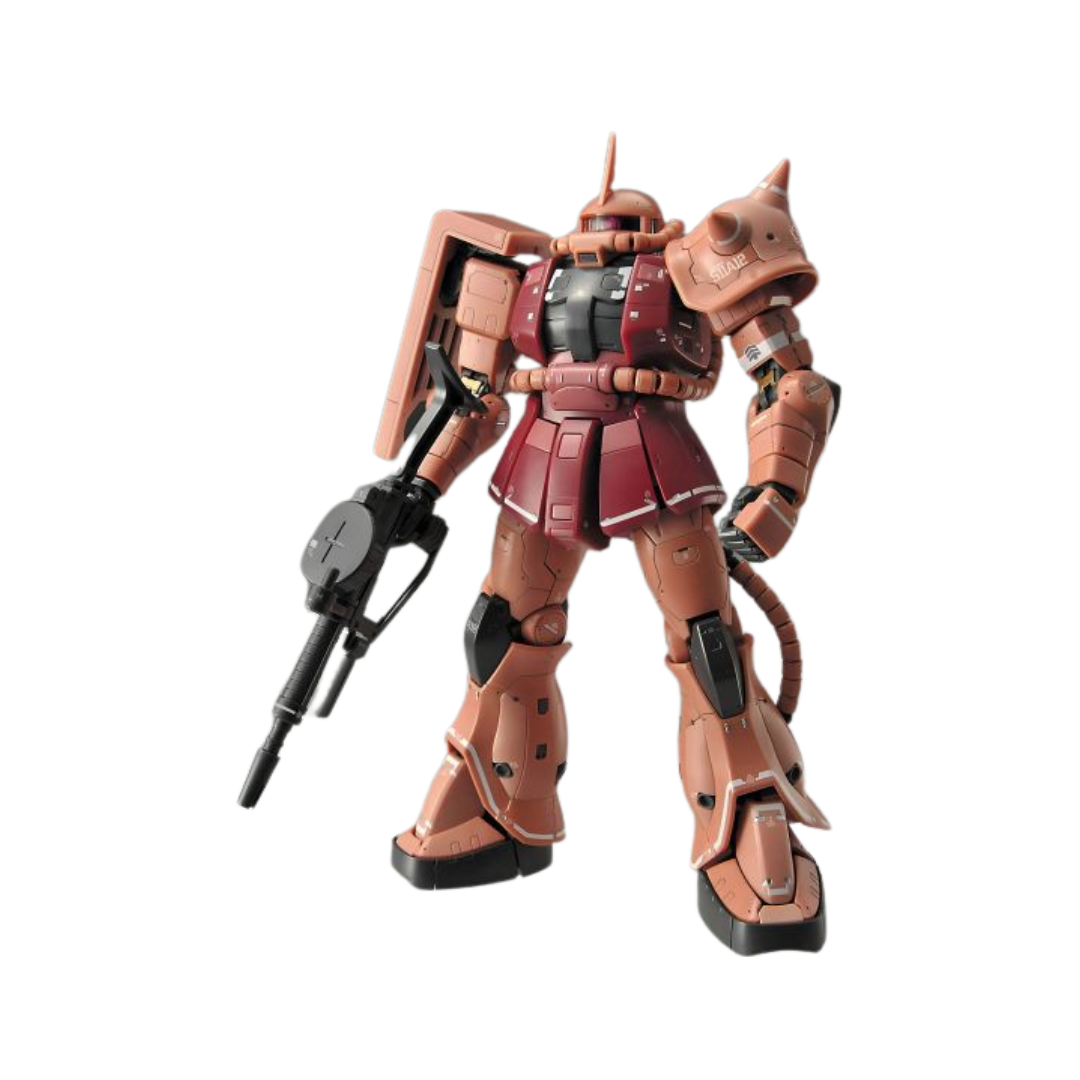 Bandai RG 1/144 MS-06S Zaku II Char Aznable's Custom – premium Real Grade Gundam model kit with detailed articulation and signature red color scheme.