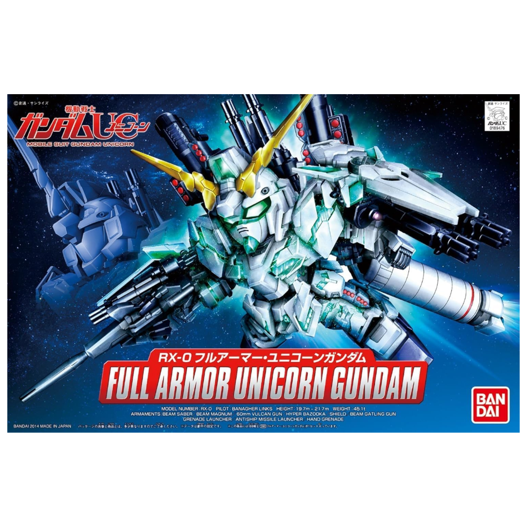 Bandai SD Full Armor Unicorn Gundam – Super Deformed model with detailed armor, weapons, and articulation from Gundam Unicorn series.