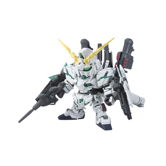 Bandai SD Full Armor Unicorn Gundam – Super Deformed model with detailed armor, weapons, and articulation from Gundam Unicorn series.