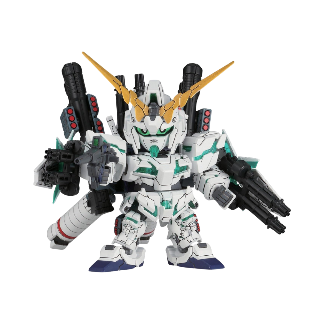 Bandai SD Full Armor Unicorn Gundam – Super Deformed model with detailed armor, weapons, and articulation from Gundam Unicorn series.