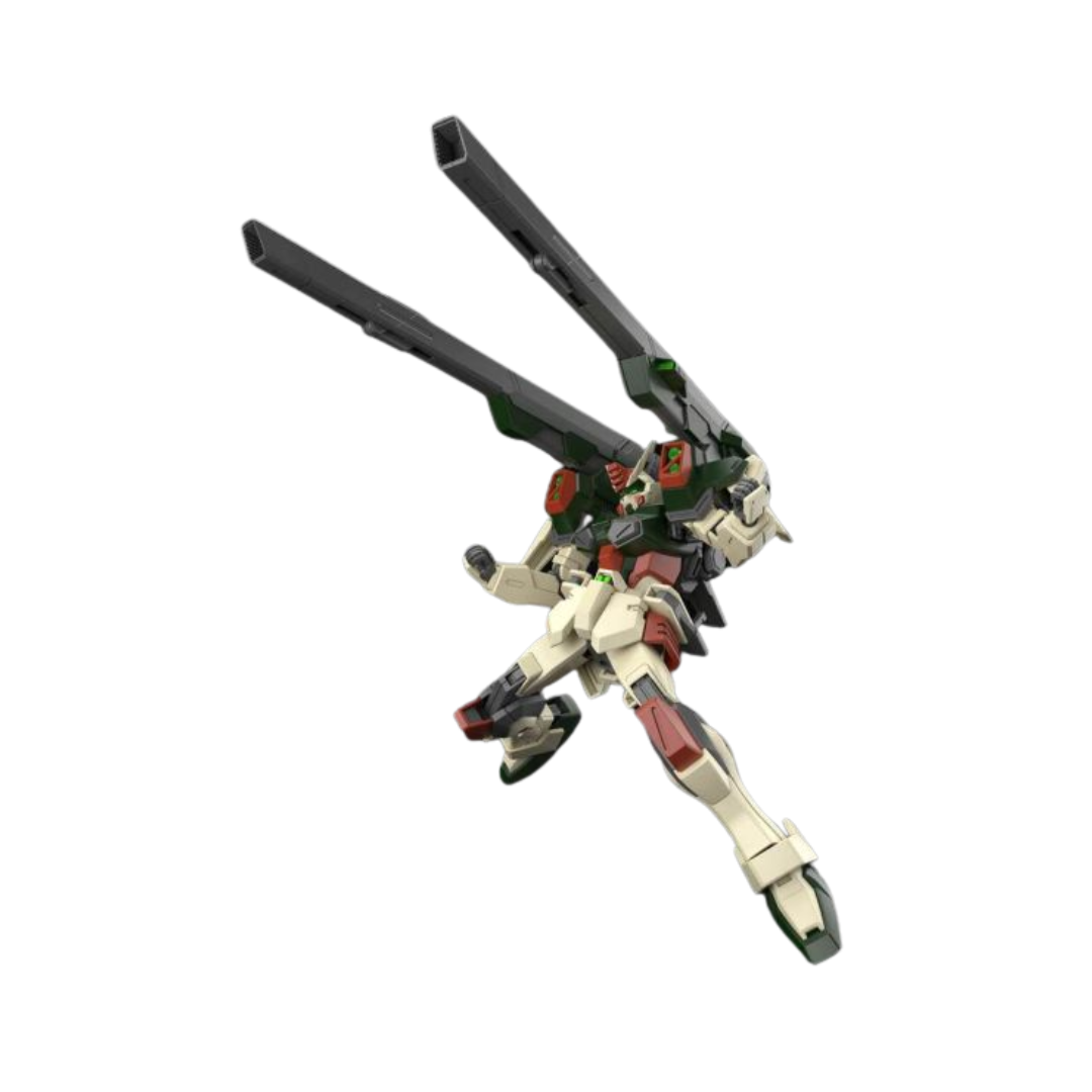 Bandai HG Lightning Buster Gundam model kit from Gundam SEED Freedom, dynamic articulation, blue and red color scheme, includes beam rifle, shield, and accessories.