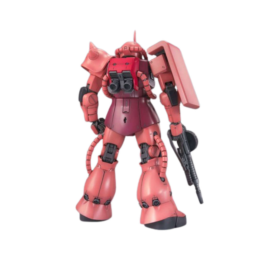 Bandai MG Char's Zaku II Ver. 2.0 model kit, detailed Mobile Suit Gundam Zaku, red color scheme, accessories like heat hawk and machine gun, perfect for collectors