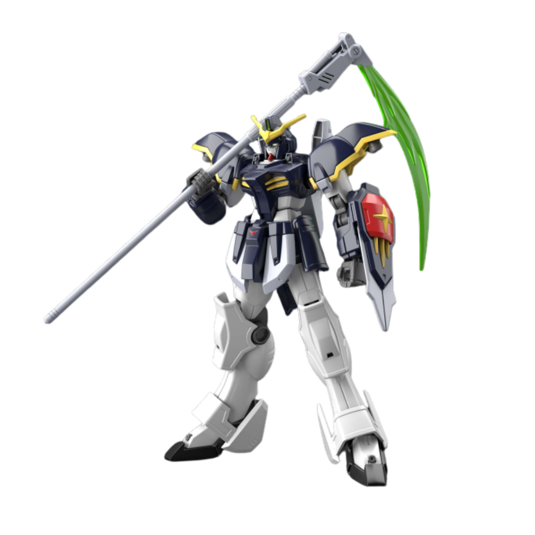 Bandai HG Gundam Deathscythe model kit from Mobile Suit Gundam Wing, featuring beam scythe, Buster Shield, and dynamic articulation